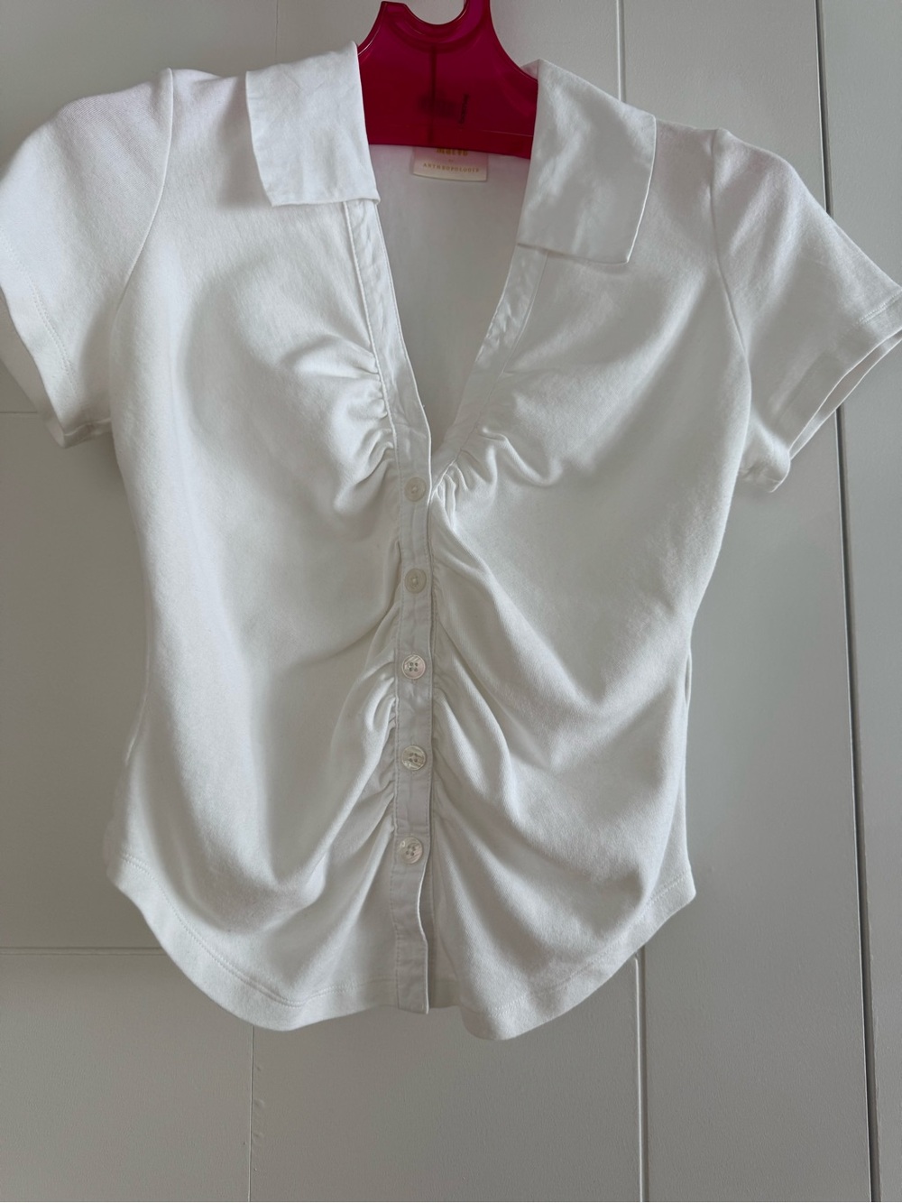 MAEVE White Ruched Button-Front Short Sleeve Top - Size L